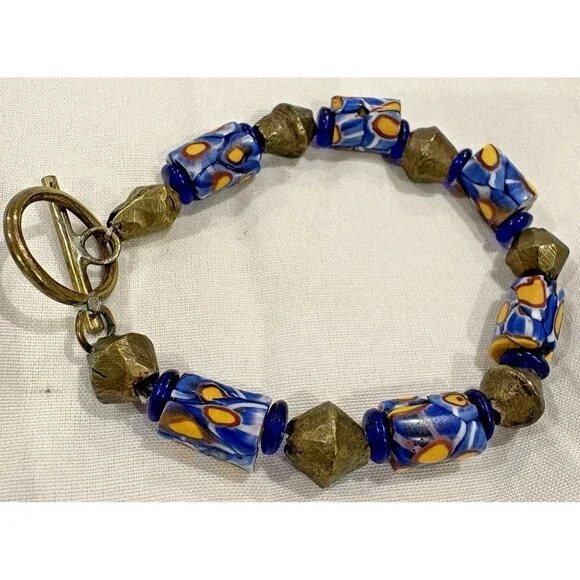 Bracelet Venetian Millefiori Glass African Trade Beads Yellow Blue Cylindrical - Picture 3 of 12